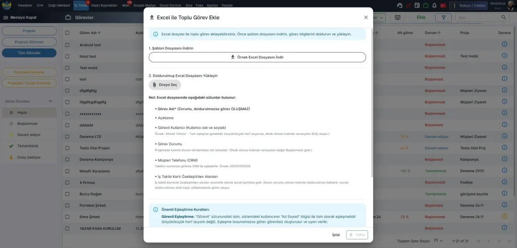 iş takip programı excel ile toplu görev yükleme