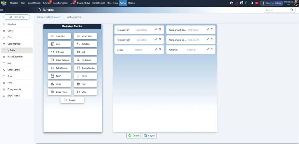 İş Takibi Özelleştirme Ana Ekranı