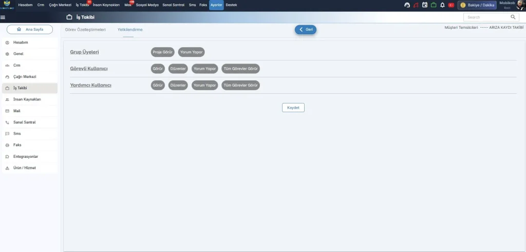 iş takibi programı yetkilendirme proje ana ekranı