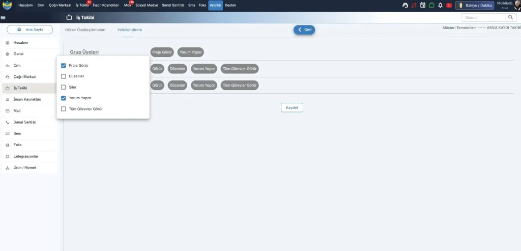 İş takibi programı yetkilendirme grup üyeleri ekranı