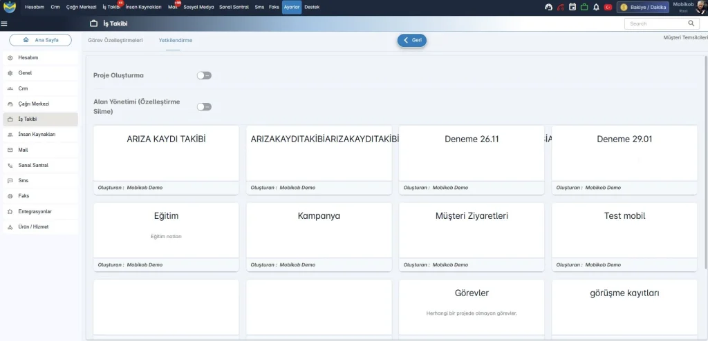 iş takibi programı yetki grupları ana ekran