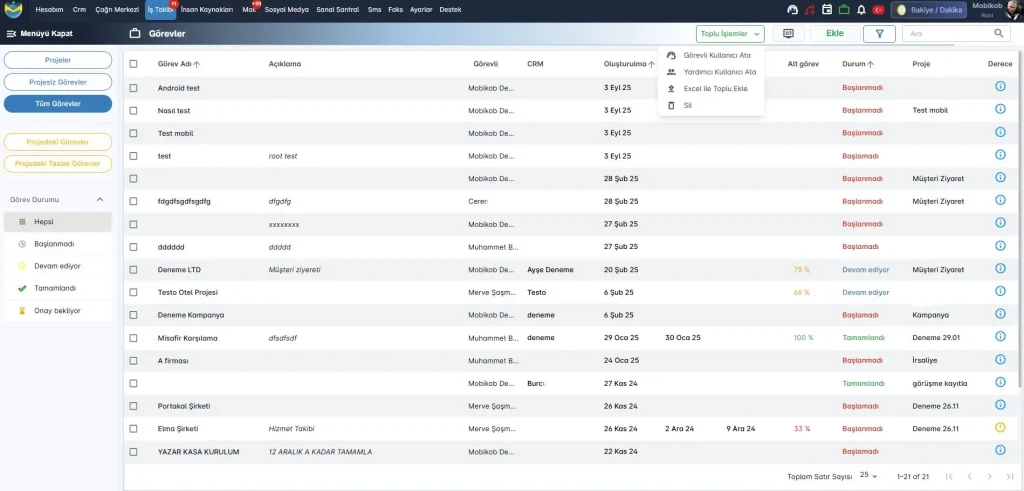 iş takibi programı toplu görev yükleme ana ekranı